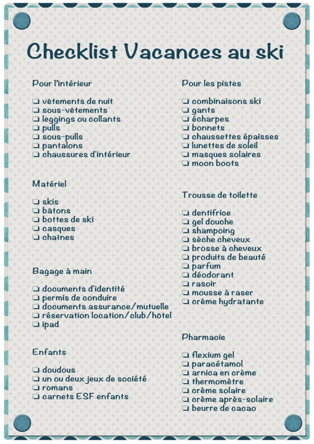 Checklist valise ski